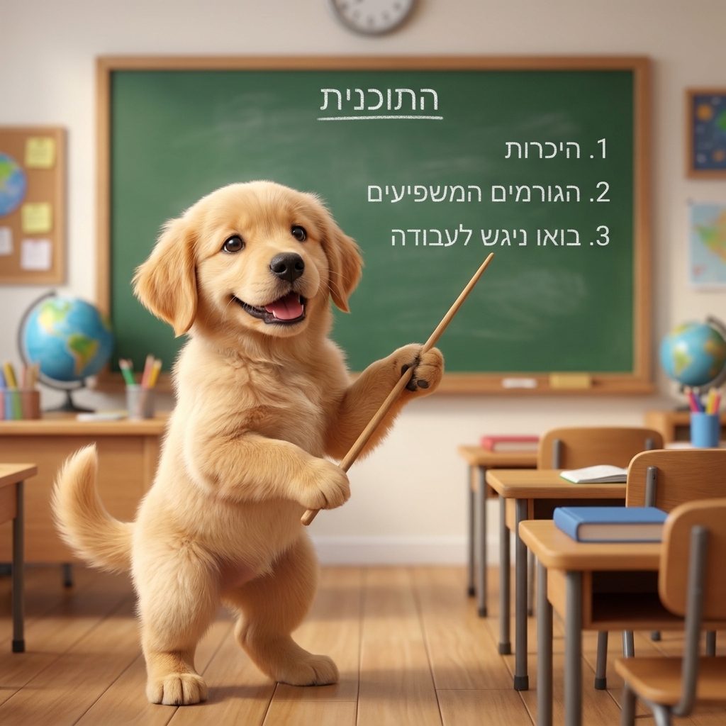 גור גולדן רטריבר מצביע עם מקל על לוח כיתה עם שלבי התהליך